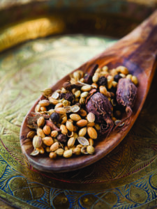 Indian Garam Masala - whole spices, macro on wooden spoon.